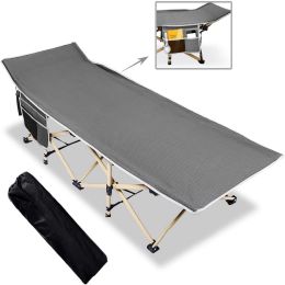 Folding Camping Cot; Sleeping Bed Portable with Carry Bag; Outdoor Camp Cot for Adults for Camping; Hiking; Office; Home Use; Heavy Duty Support 450lb (Color: grey)