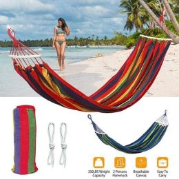 Camping Travel Beach Double Hammock Canvas Hanging Hammock Swing Bed (Color: Red Stripe, material: Canvas)